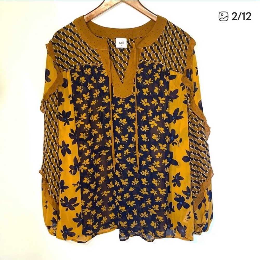 CAbi - Harmony Floral Blouse #3953 - Sheer Boho Top with Brown and Blue Accents - Picture 2 of 9